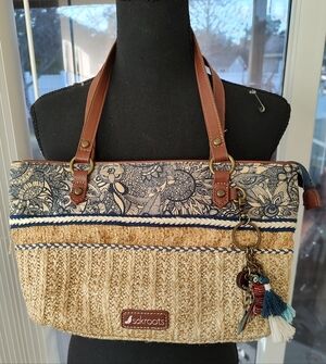 Sakroots Straw Tote with Navy Floral Print and Brown Straps